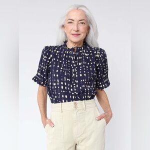 Apiece Apart Dark Blue and Cream Patterned Blouse